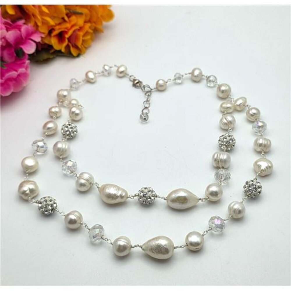 925 Sterling Silver Baroque Pearl And Crystal Double Strand Necklace 17 In Adj.